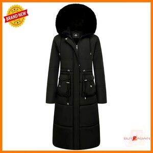 Long Winter Puffer Coat Waterproof Warm Maxi Down Jacket Faux Fur Hood Parka